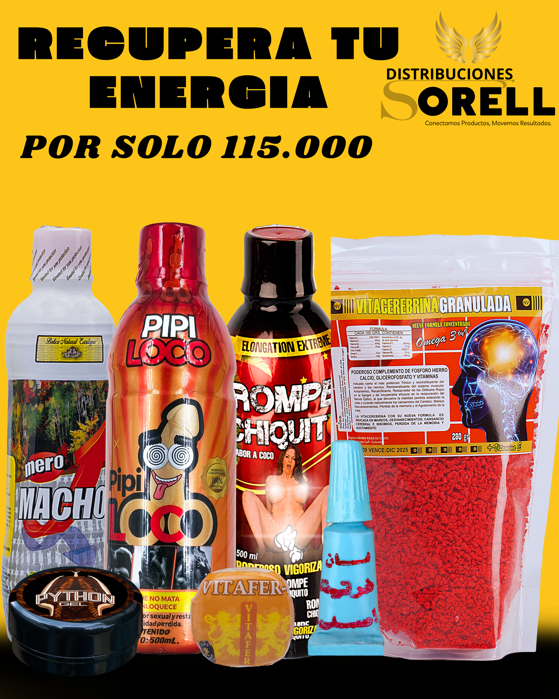 COMBO PIPI LOCO+MERO MACHO+ROMPE CHIQUITO+VITACEREBRINA GRANULADA+PYTHON+RHINO CREMA+CONCHA VITAFER