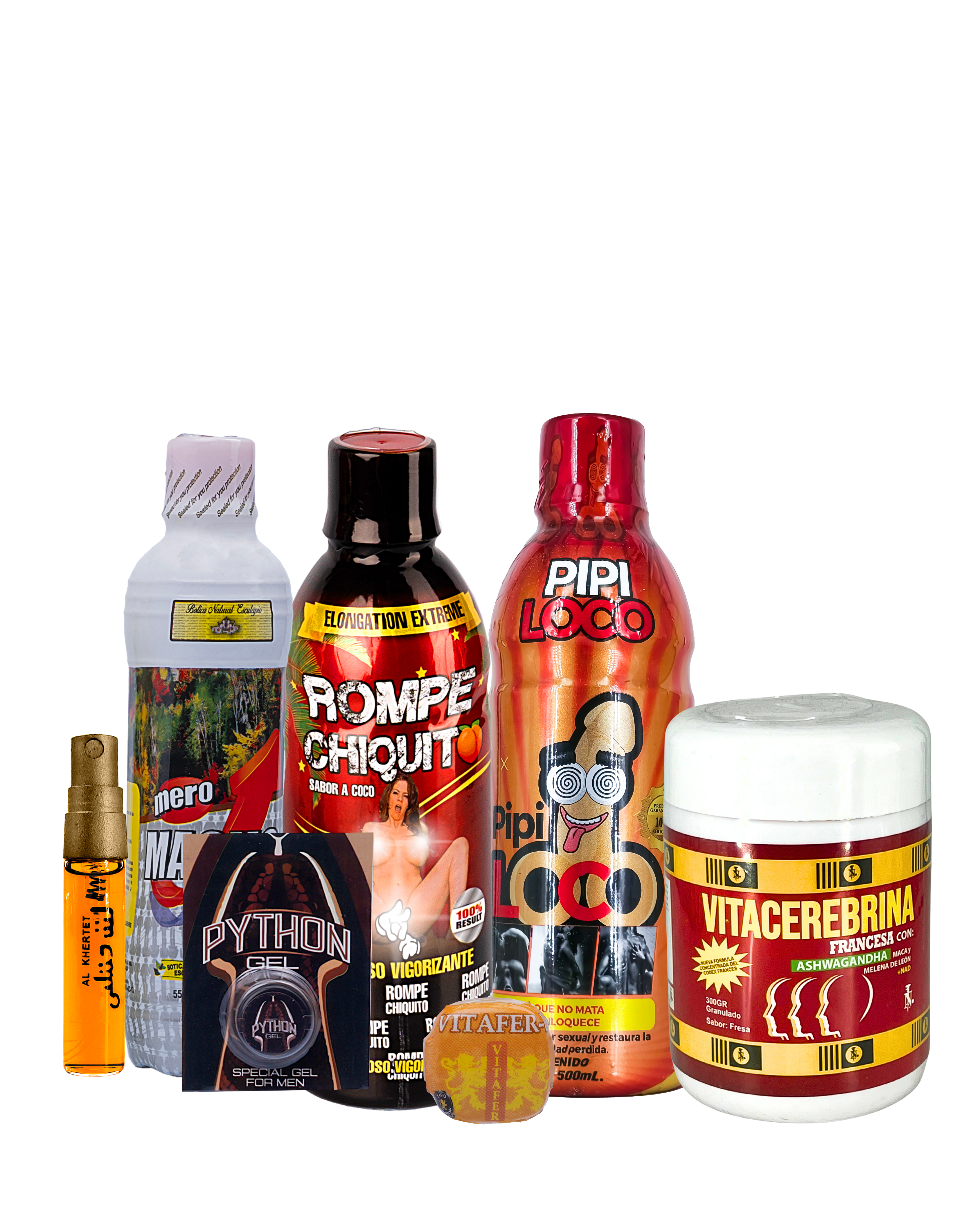 COMBO: PIPI LOCO+MERO MACHO+ROMPE CHIQUITO+VITACEREBRINA GRANULADA+PYTHON+RHINO CREMA+CONCHA VITAFER